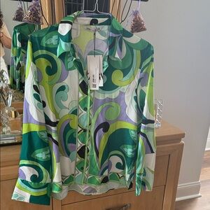 Zara Multicolor Swirl Button-Down Shirt in Green & Lavender